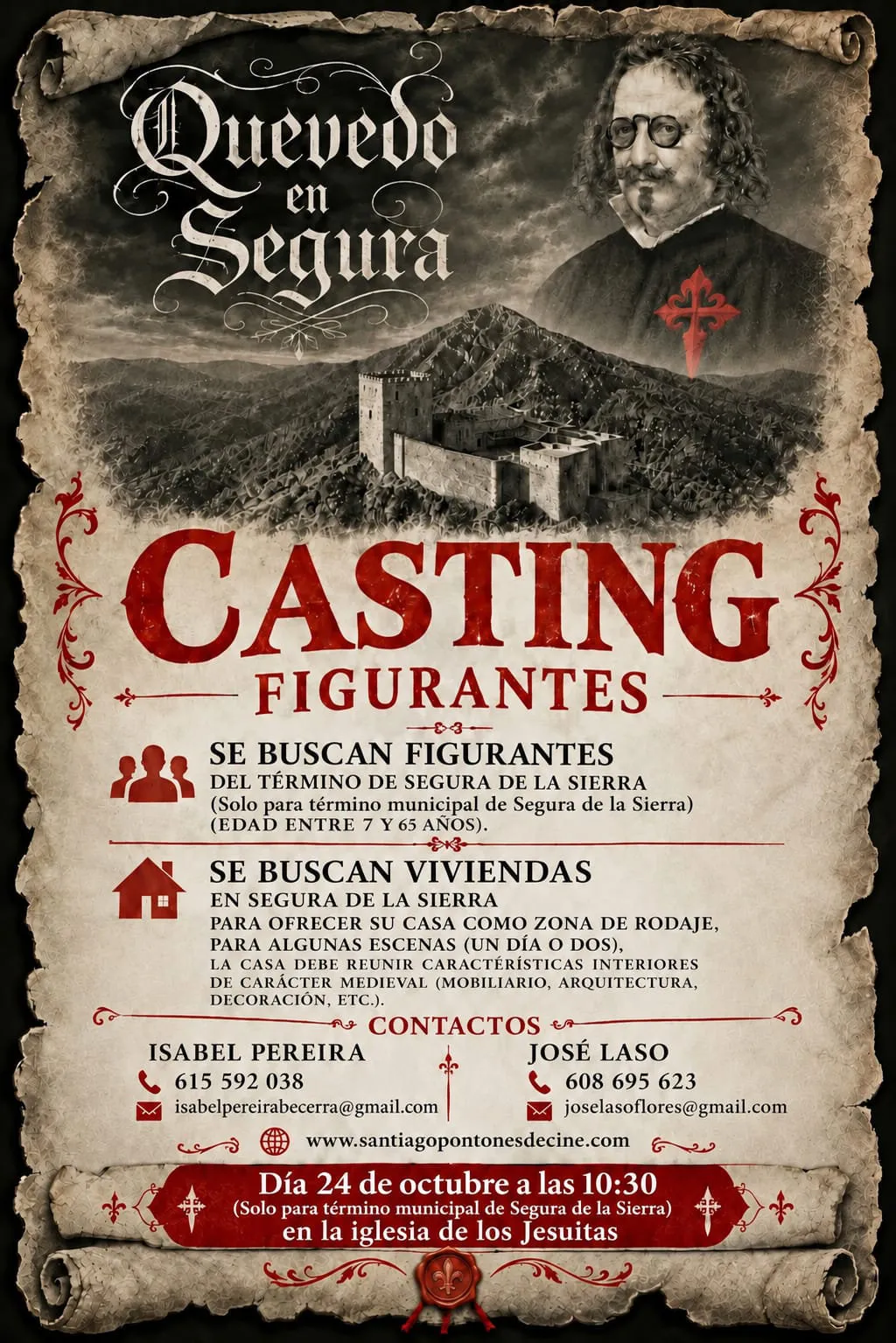 Cartel del casting de figurantes para el documental Quevedo en Segura