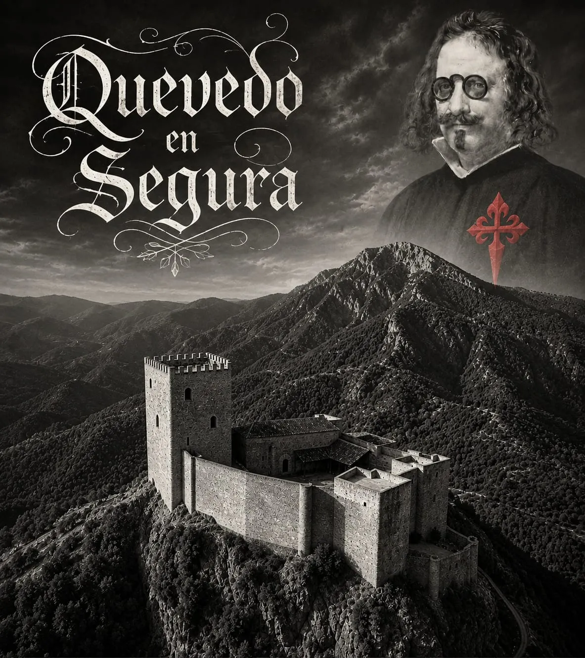 Cartel del documental Quevedo en Segura: Quevedo con quevedos sobre el castillo de Segura de la Sierra